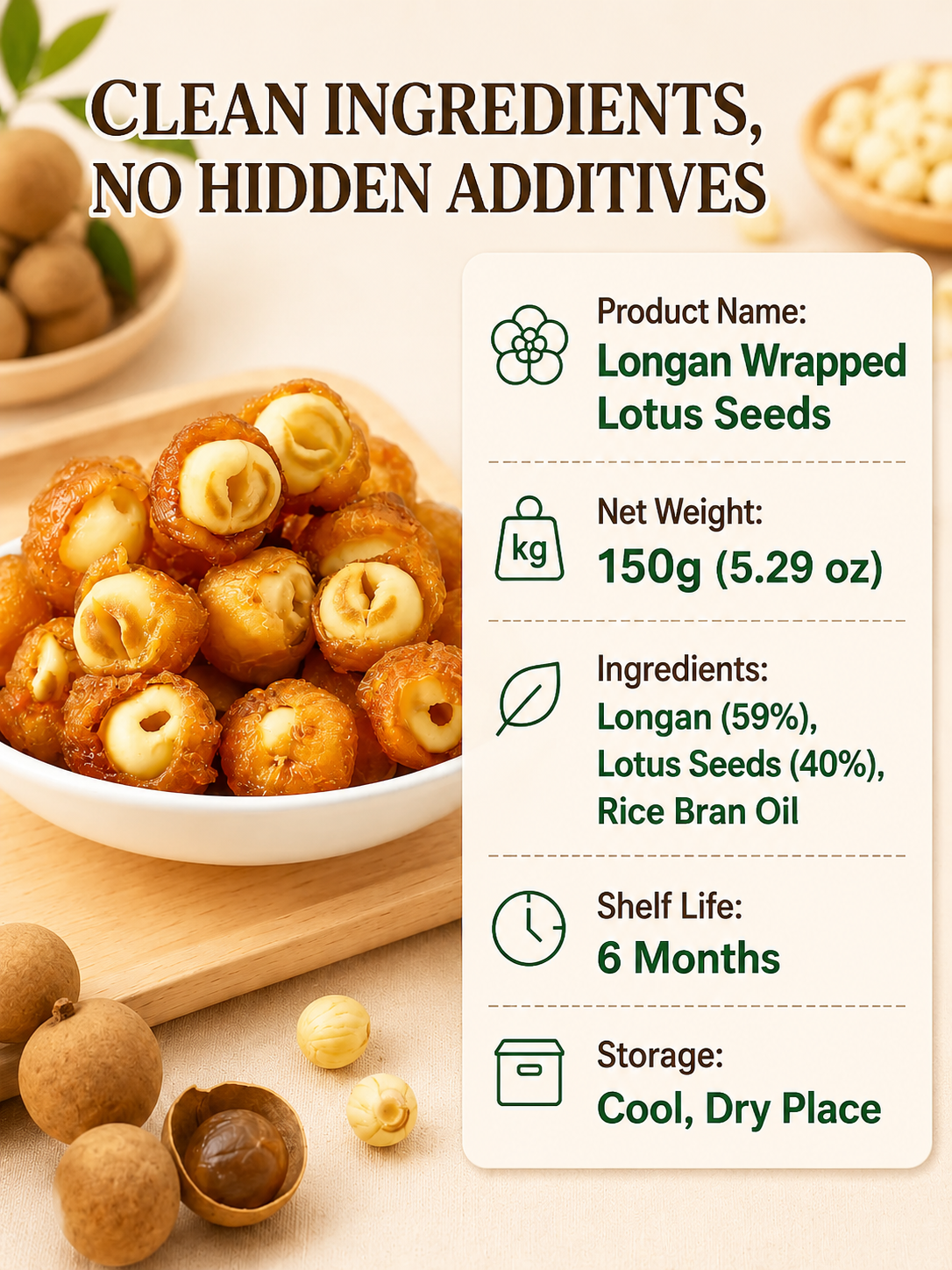 Longan Wrapped Lotus Seeds. Natural Ready-to-Eat Dried Fruit Snack for HeaIth & Relaxation-MHW