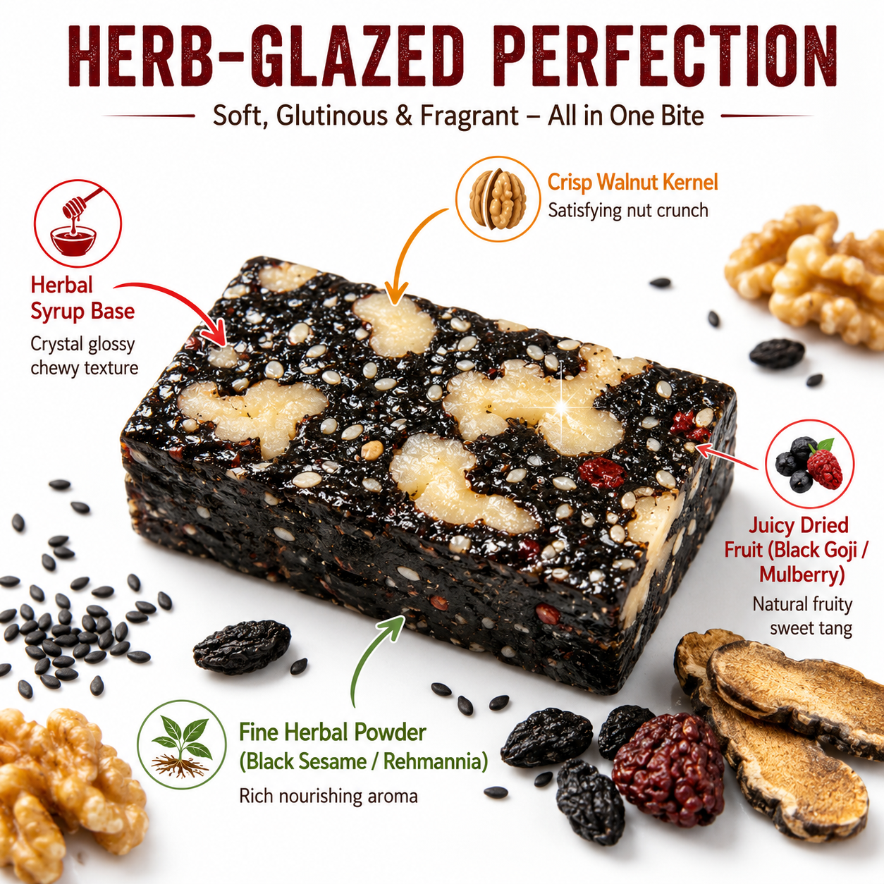 Mulberry Rehmannia & Black Goji Sesame Cake – Soft Herbal Nut Snack, Low Sugar Energy Bar-MHW