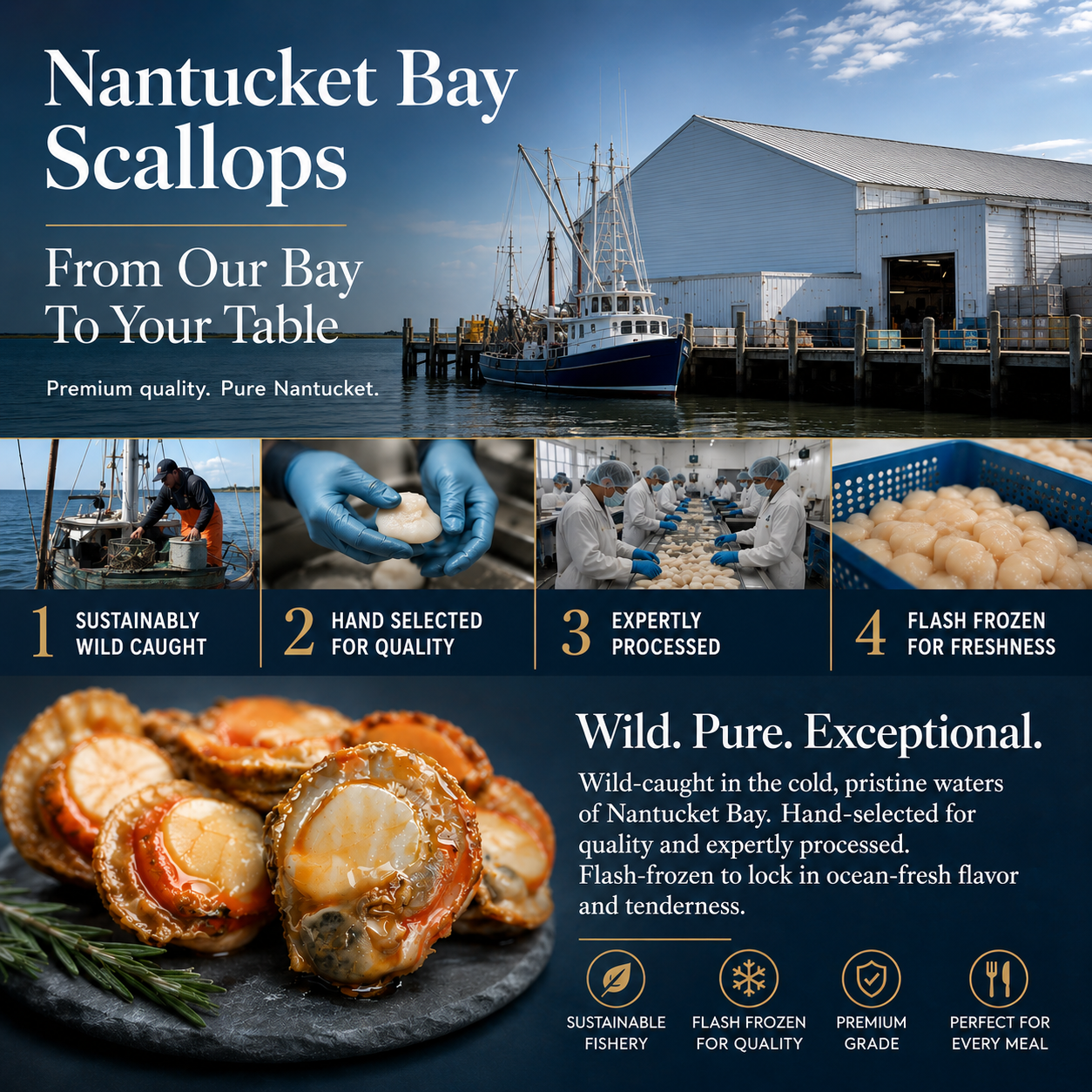 High-protein, ready-to-eat scallop meat from Nantucket Bay Scallops-MHW
